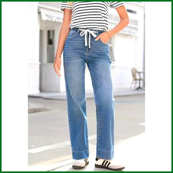 High Waisted Wide Leg Jeans Stretchy Straight Leg Baggy Drawstring Denim Pants - Picture 4 of 7
